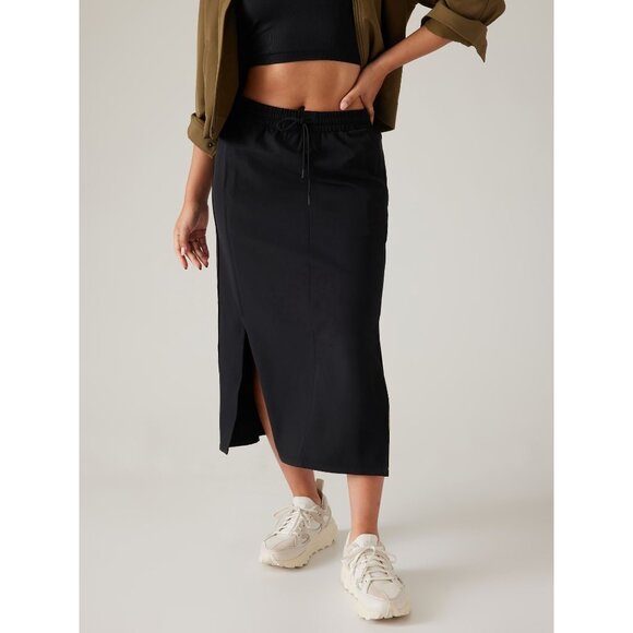 Athleta Stride Black Drawstring Elastic Waist Side Slit Midi Skirt Women's Large - Picture 2 of 9
